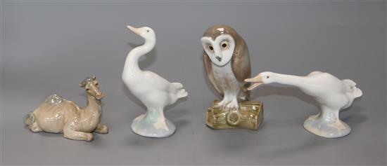 Four pieces of Lladro, camel, two swans and an owl